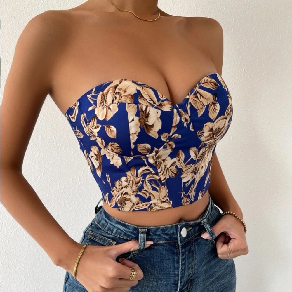 Boho black floral print lace up back satin bustier corset tube top - Picture 12 of 16